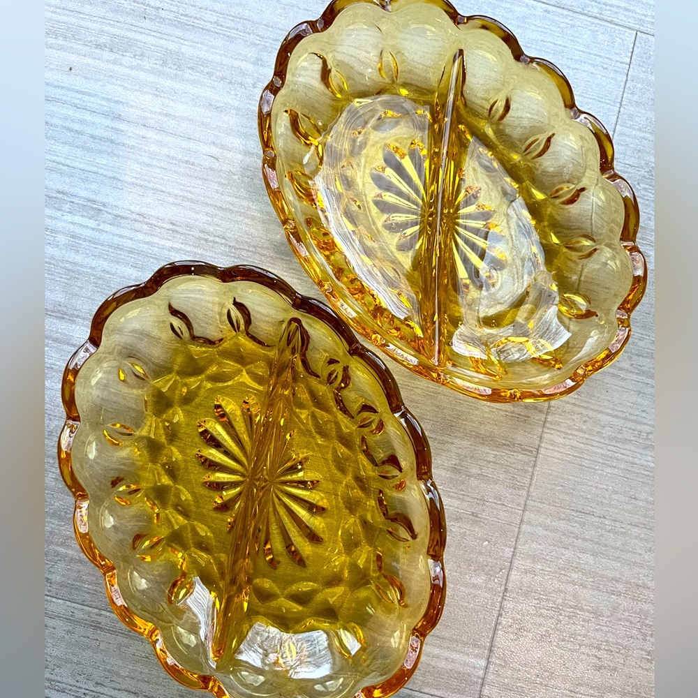 Vintage amber indiana glass gold divided candy dish x 2